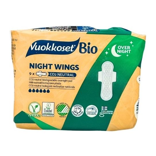 20% Vuokkoset 9 BIO 100% Night Wings Прокладки женские гигиенические с крылышками 12шт