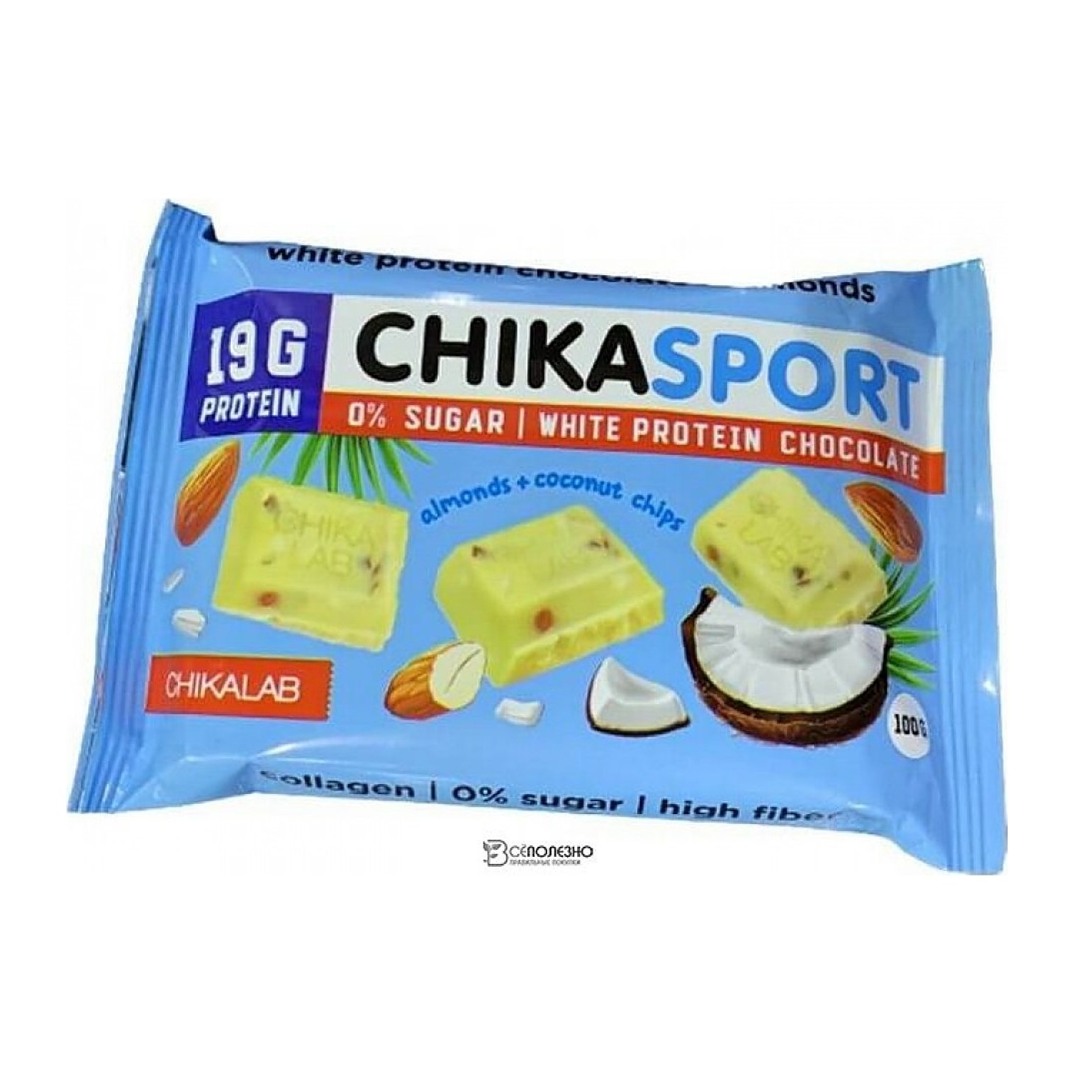 Chikalab Шоколад белый с миндалем и кокосовыми чипсами 100гр 4шт